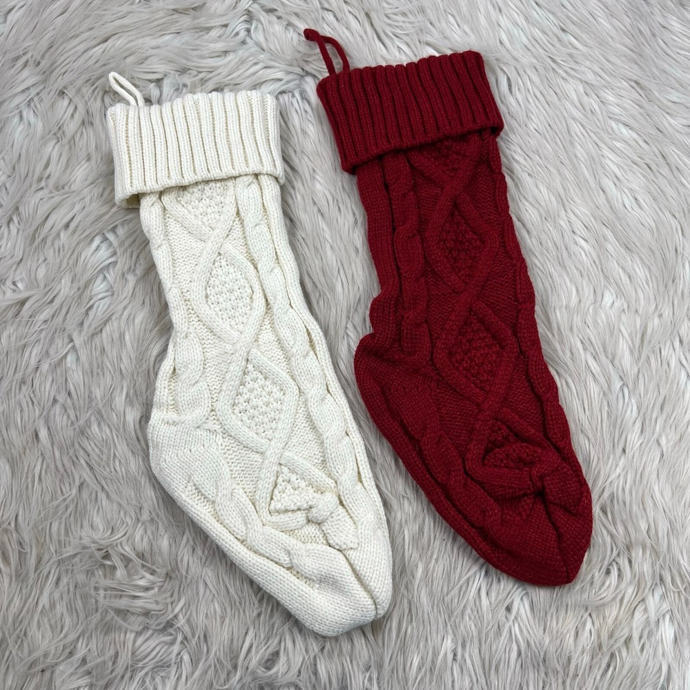LOT‎ 2 - Classic Cable-Knit Christmas Stockings Decor Red White Knit